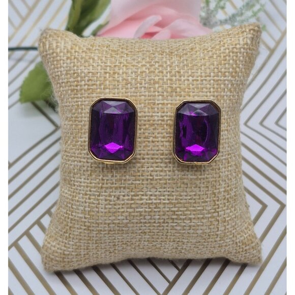 Gold Tone & Purple Crystal Rectangle Statement Stud Earrings Prom Formal Event - Picture 1 of 6
